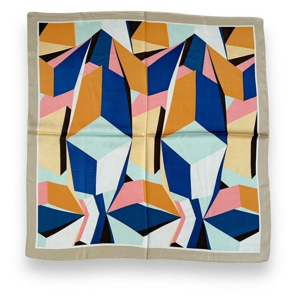 Khaki Edges Navy Blue Orange Geometric Scarf 27” X 27” Women Scarve Unisex